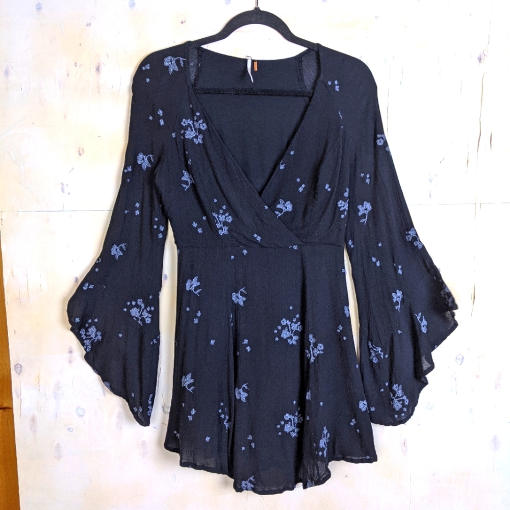 Free People mini dress long sleeve black floral 4